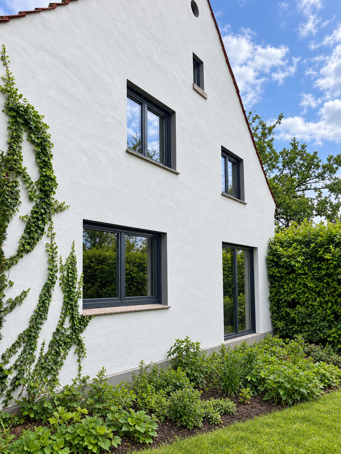 Weiße Hausfassade mit anthrazitfarbenen Fenstern und Terrassentür in Bissendorf