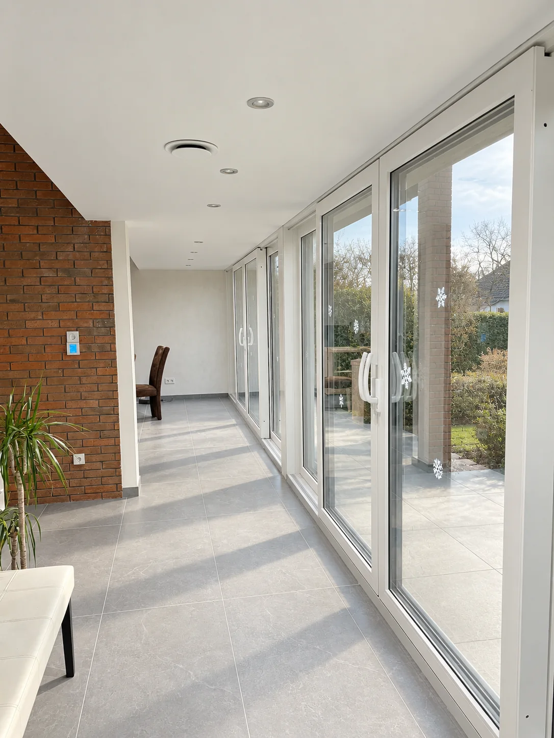 Heller verglaster Flur mit weißen Fensterrahmen