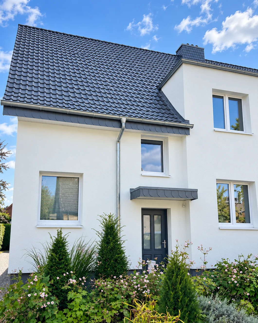Heller Hauseingang mit Haustür und Vorgarten
